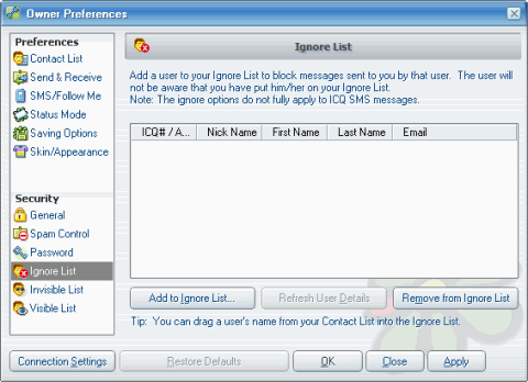 ICQ Ignore Preferences